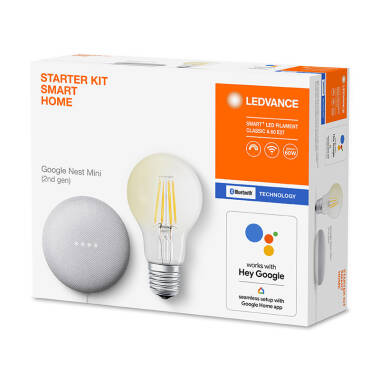 Image of Ledvance Smart+ 6W Warm White LED Dimmable Bluetooth Decorative Filament GLS Bulb with Google Nest Mini Starter Kit
