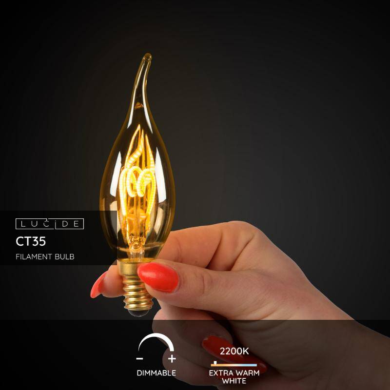 Image of Lucide 3W Very Warm White Dimmable LED Decorative Filament Bent Tip Candle Bulb