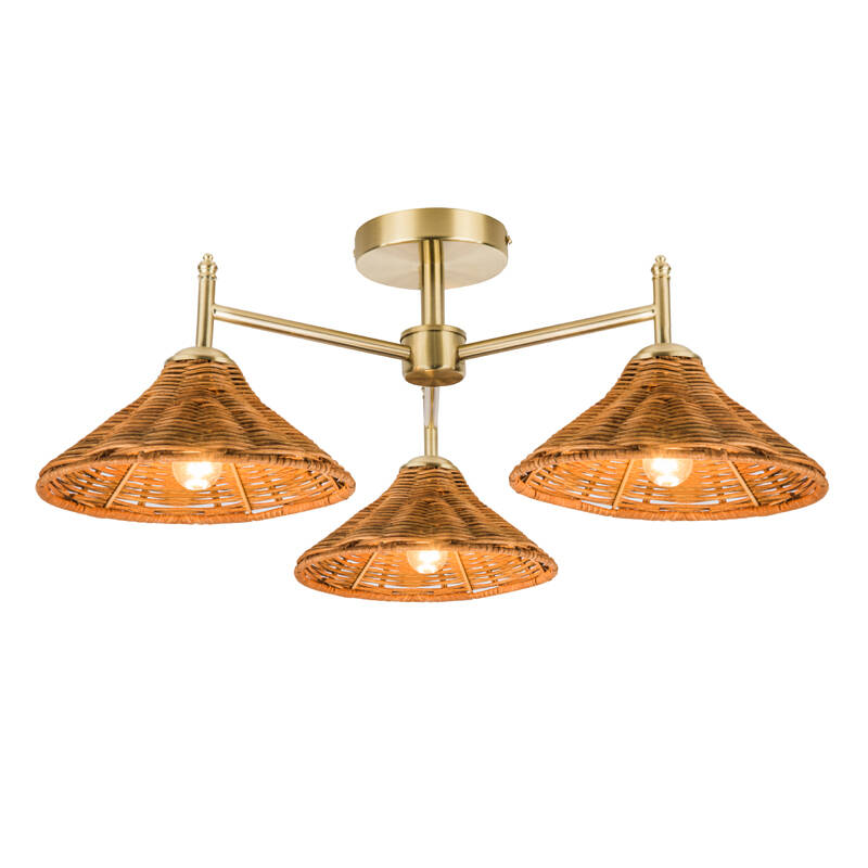 Image of Wisteria Mabel Rattan 3 Arm Semi-Flush Ceiling Light