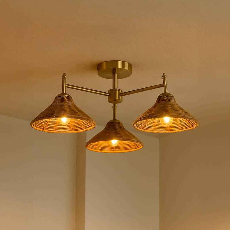 Image of Wisteria Mabel Rattan 3 Arm Semi-Flush Ceiling Light