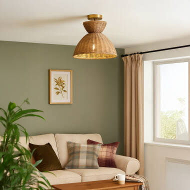 Image of Khudi & Khora Espresso Rattan Semi-Flush Ceiling Light