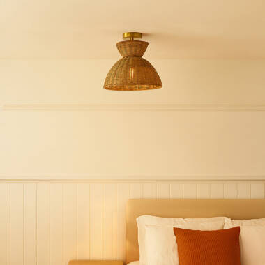 Image of Khudi & Khora Espresso Rattan Semi-Flush Ceiling Light