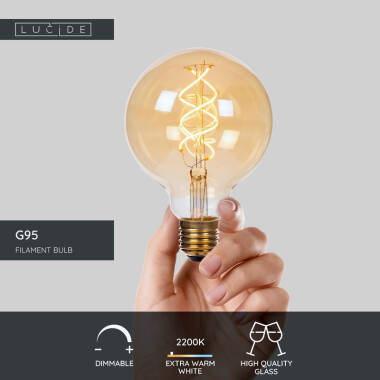 Image of Lucide 4W Non-Dimmable LED Decorative Filament 95mm Amber Globe Bulb - Screw Cap