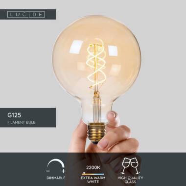 Image of Lucide 9W Dimmable LED Decorative Filament 125mm Amber Globe Bulb - Screw Cap