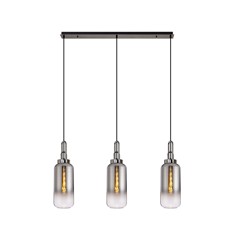 Oregon Glass 3 Light Bar Ceiling Pendant - Black Chrome and Smoked Glass