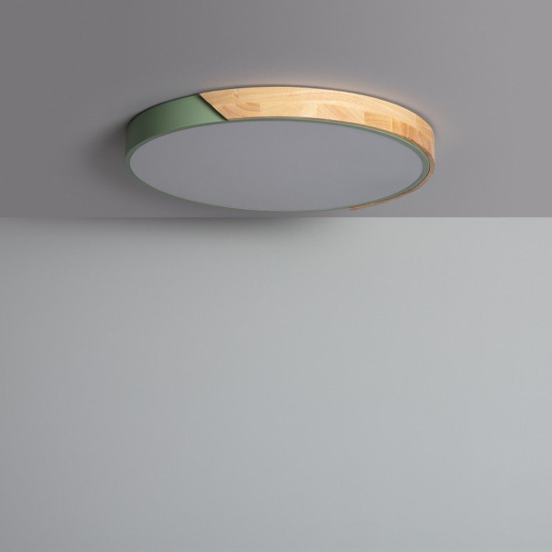 Edit Dari Round 36W White Selectable LED Flush Ceiling Light - Green & Wood